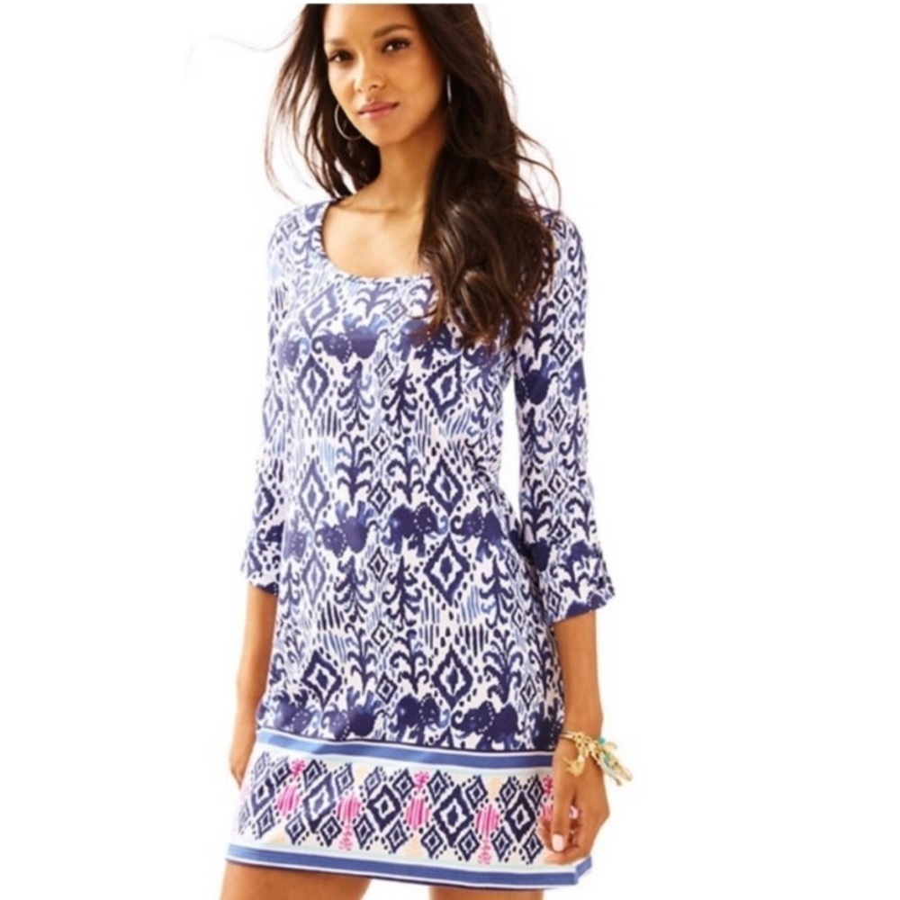 Lilly Pulitzer Ocean Ridge Dress navy Elephant Print with a 3/4 sleeve. Size S